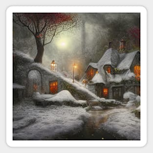 Magical Fantasy House with Lights in a Snowy Scene, Fantasy Cottagecore artwork Magnet